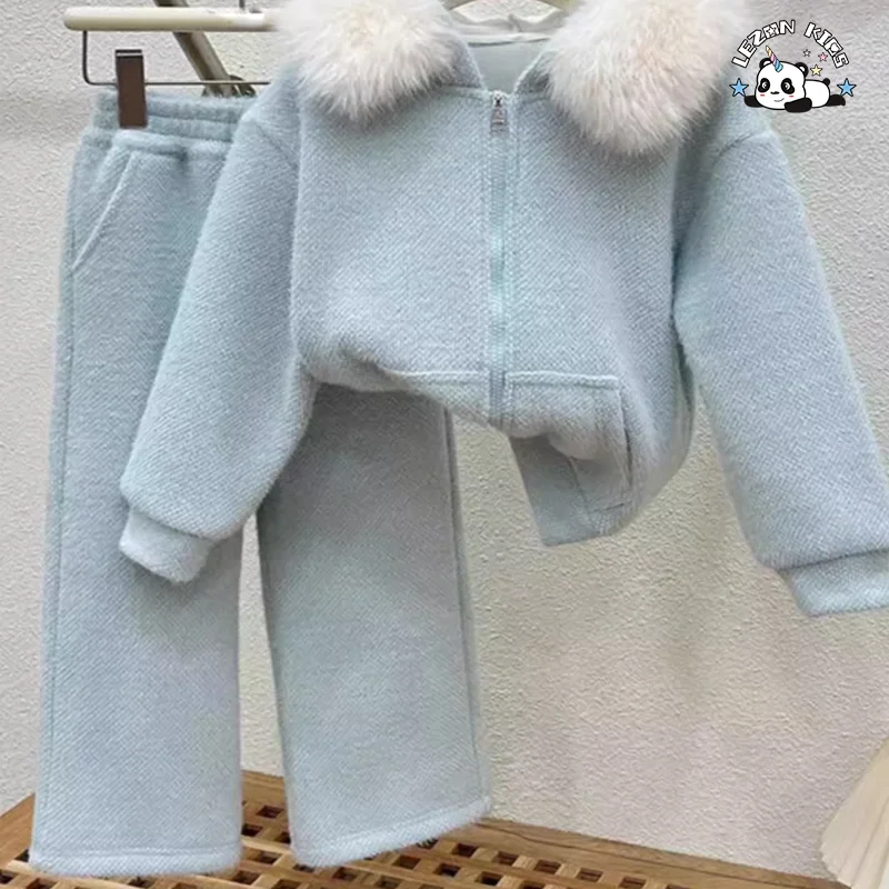 LEZONKIDS - OEM Color Size Customized Children Winter Suit  Velvet Wide Leg Pants Clothing Set for 2-14T Girls